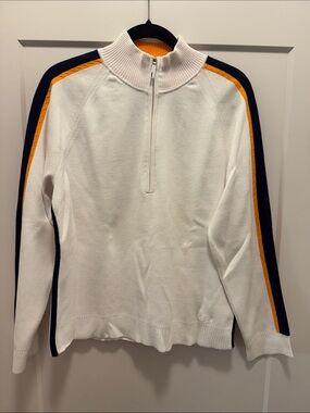 Lizgolf White 1/4 Zip Sweater with Navy and Gold Stripe. XL. Like New!!🔥